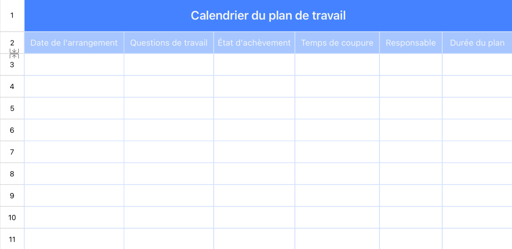 Calendrier du plan de travail